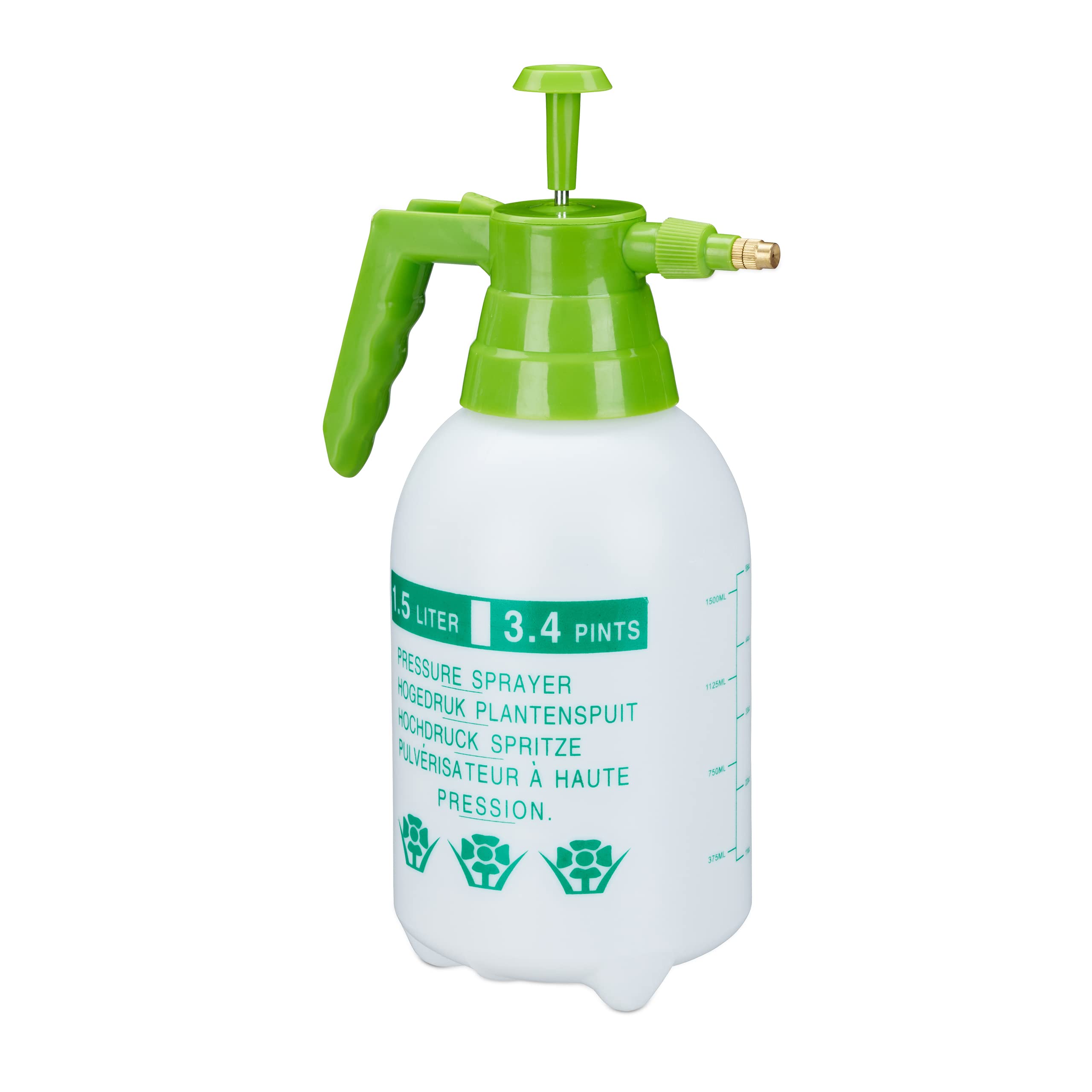 Relaxdays Pressure Sprayer, Adjustable Brass Nozzle, Garden, Plant Mister, Pest Control, 1.5 L, PE, White/Green