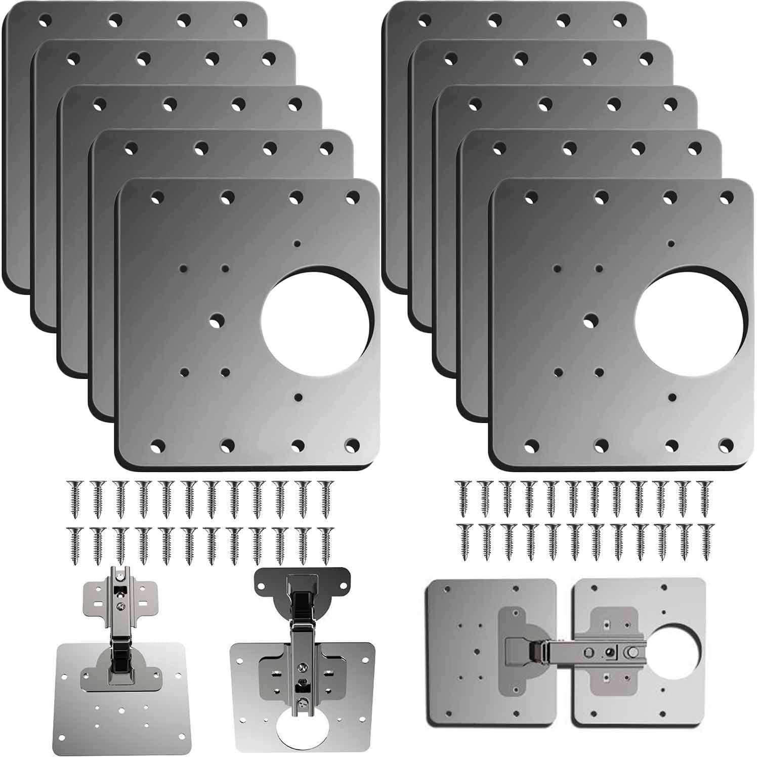 THT Hinge Repair Plate,10 PCS Cabinet Hinge Repair Brackets,Kitchen Cupboard Door Hinge Repair Plate Kit with Hole, Stainless Steel Flat Fixing Brace Brackets with Screw (10)