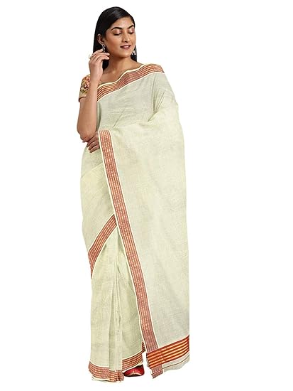 Pure Cotton Kasavu Saree, with Un-stitched Blouse Piece - Powerloom made Traditional Gold Rush Sari for Women - by ART Retail