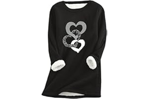 Women Valentine's Day Sweatshirts Winter Cute Heart Print Long Sleeve Tee Shirts Fleece Lined Crewneck Pullover Sweater