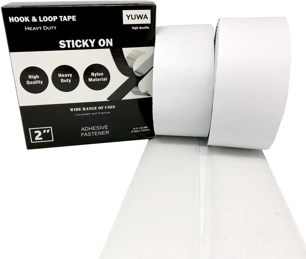 YUWA2 Inch White Hook and Loop Self Adhesive Sticky Back Tape Fastener Nylon Heavy Duty for DIY Craft (5 Yards) (White)