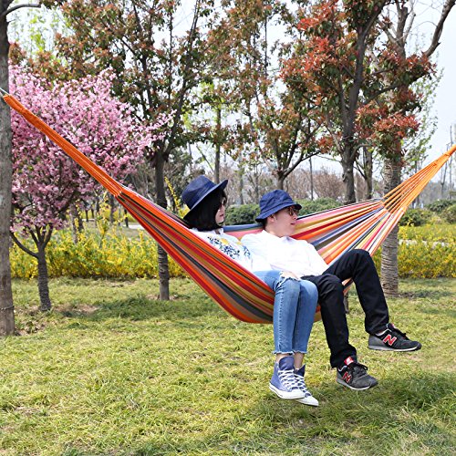 SONGMICS Hängematte, für 2 Personen, 210 x 150 cm, bis 300 kg belastbar, für Terrasse, Balkon, Outdoor, mit Transportbeutel, Befestigungsgurte und Karabiner inklusive, Regenbogen GDC15C – Bild 3