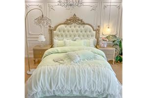 MOOWOO Chic Ruffle Lace Queen Duvet Cover Set-Princess Girl Bedding-3 Piece Comforter Duvet Cover with Zipper Closure,Coquette Room Decor-Green,Queen Size