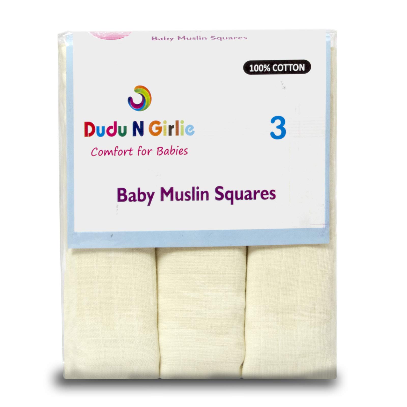 DUDU N GIRLIE Newborn Essentials Muslin Squares Baby Muslin Cloths | Washcloths Baby Face Towel 100% Cotton Soft and Absorbent | Burp Cloths Swaddle Blanket Extra Large 70x70cm (Pack of 3, Cream)