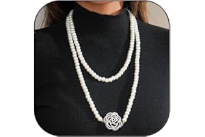 Long Pearl Necklaces for Women Rose Pendant Layered Faux Pearl Necklaces for Sweater Dress Prom Bridal Bridesmaid Wedding Cos