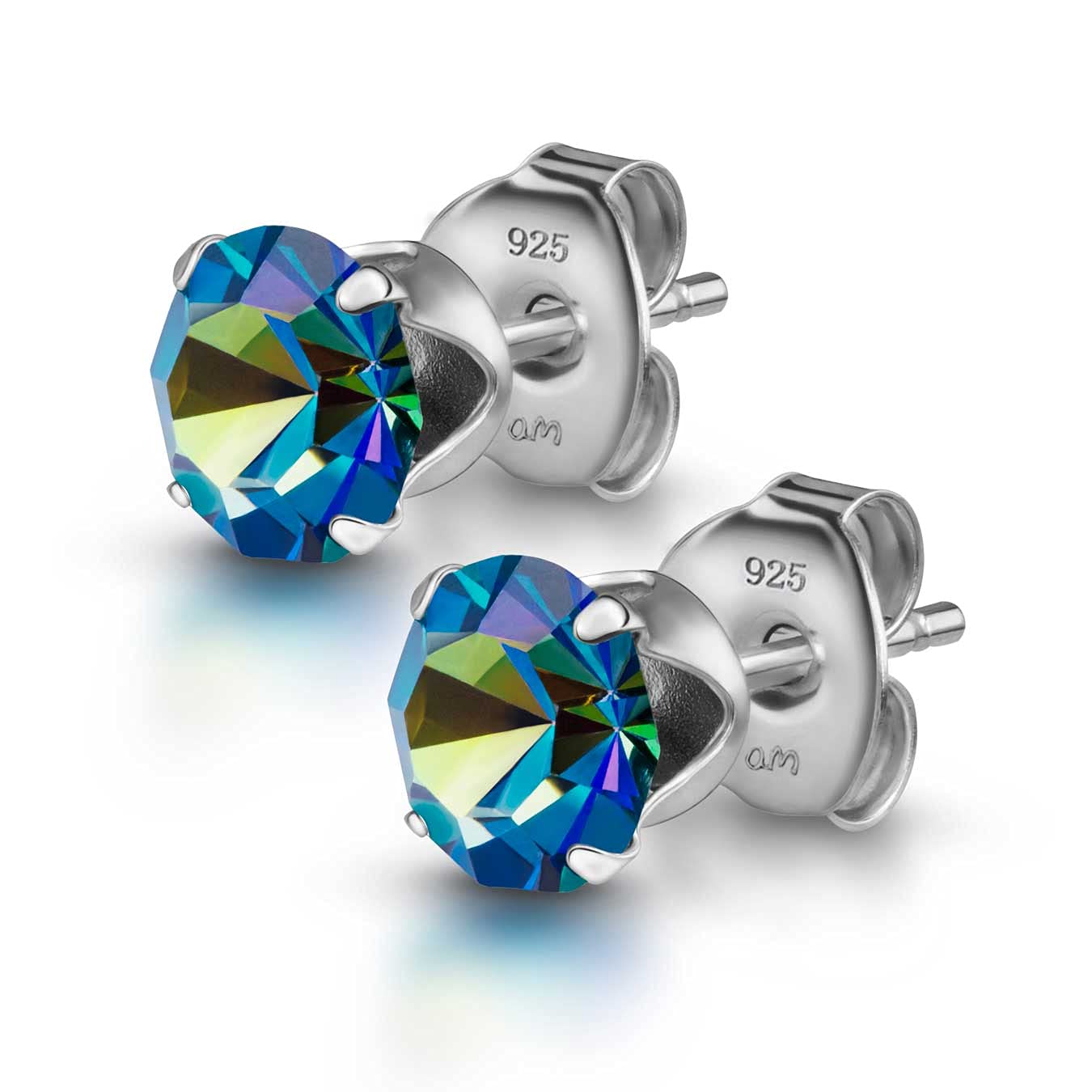 Amberta Women's 925 Sterling Silver Lumini Crystal Blue Collection Stud Earrings: Bermuda Blue