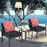 Do4U 3 Pieces Patio Set Outdoor Wicker Patio Furniture Sets Modern Bistro Set Rattan Chairs with Coffee Table Porch Backyard Pool Garden Chairs Set (631-BLK-BLK)