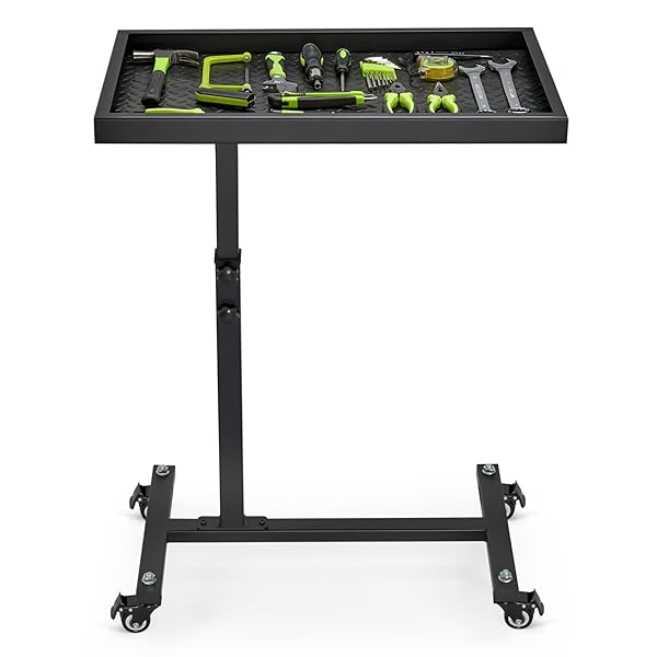 OLBRUS ADJUSTABLE WORK TABLE WITH WHEELS, MECHANIC ROLLING TOOL TRAY TABLE FOR GARAGE REPAIR SHOPS DIY, 220LBS CAPACITY MOBILE HEAVY DUTY STEEL TOOL CART (BLACK)