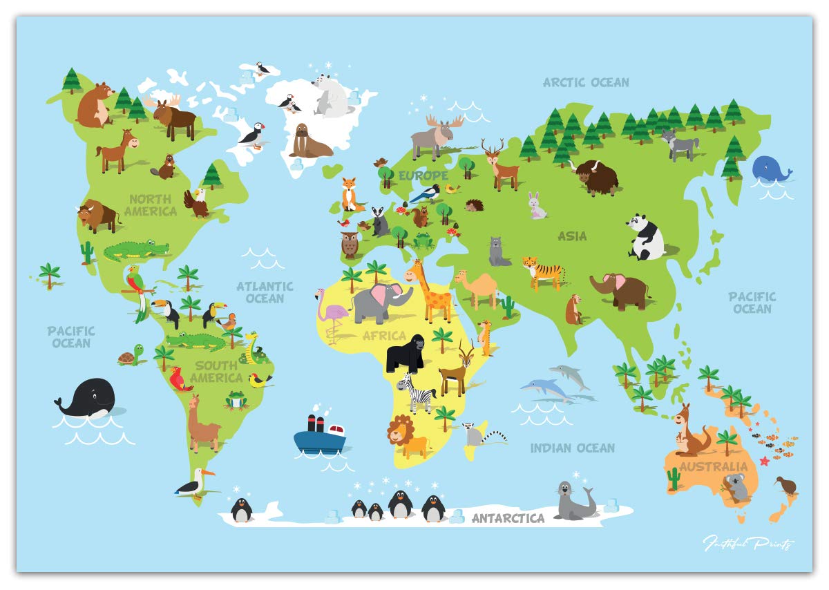 Faithful Prints Children's Animal Map of the World Poster Geography Print Wall Art for Kids Room (Blue) (A3 (297 x 420mm))