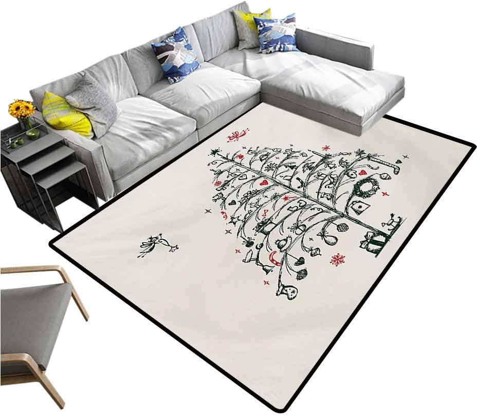 Christmas Carpet mat Fairies with Wands and Tree Hand Drawn Style with Wreath and Stockings Image Carpet for Home Decor Red and Green (4'x5')