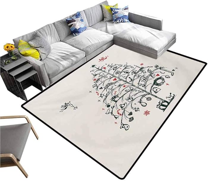Christmas Carpet mat Fairies with Wands and Tree Hand Drawn Style with Wreath and Stockings Image Carpet for Home Decor Red and Green (4'x5')