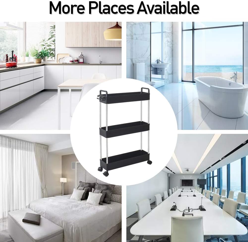 SOLEJAZZ Storage Cart 3-Tier Slim Mobile Shelving Unit Rolling Bathroom Carts with Handle for Kitchen Bathroom Laundry Room Narrow Places, Black: Kitchen & Dining
