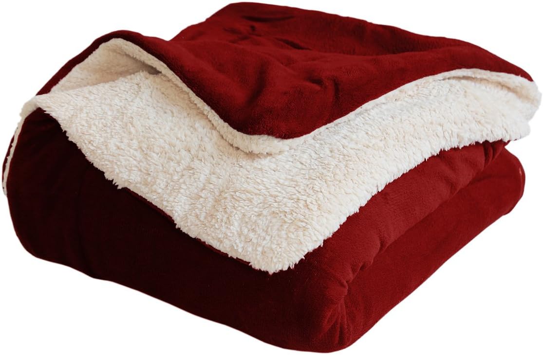Luxor Linens Luxury Heavyweight Reversible Sherpa Blanket - 74" x 69" - 4 Colors Available - Warm & Cozy Couch Throw - Wine