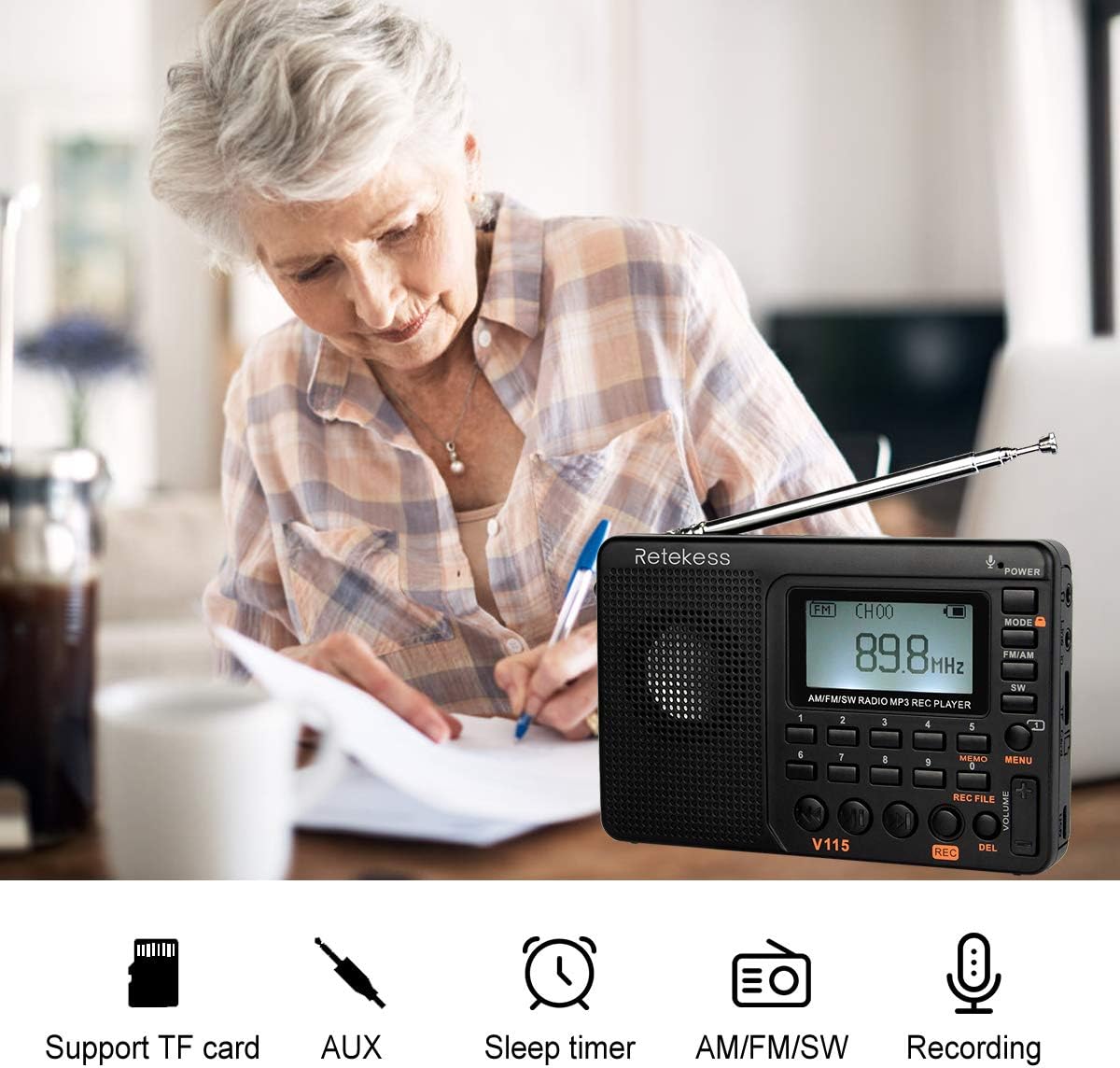 Retekess V115 Portable AM FM Radio with Shortwave Radio MP3 Player Digital Record Support Micro SD TF Card Sleep Timer and Rechargeable Battery(Black): Electronics