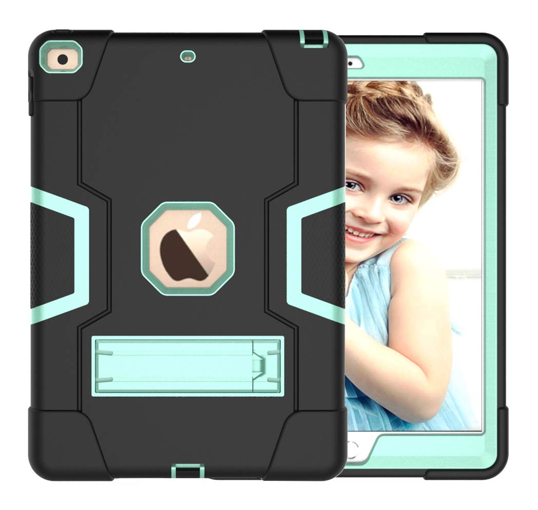 Bspring Case for iPad 7th Gen 10.2 Inch 2019 - Shockproof Rugged Case Hard PC and Silicone Hybrid Bumper Protective Case with Built in Stand for New iPad Case 10.2 Inch 2019,Black/Aqua