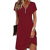 Soesdemo Womens Summer Dresses Short Rolled Sleeve Pleated Button Down V Neck Casual Beach Shift Sundresses with Pockets