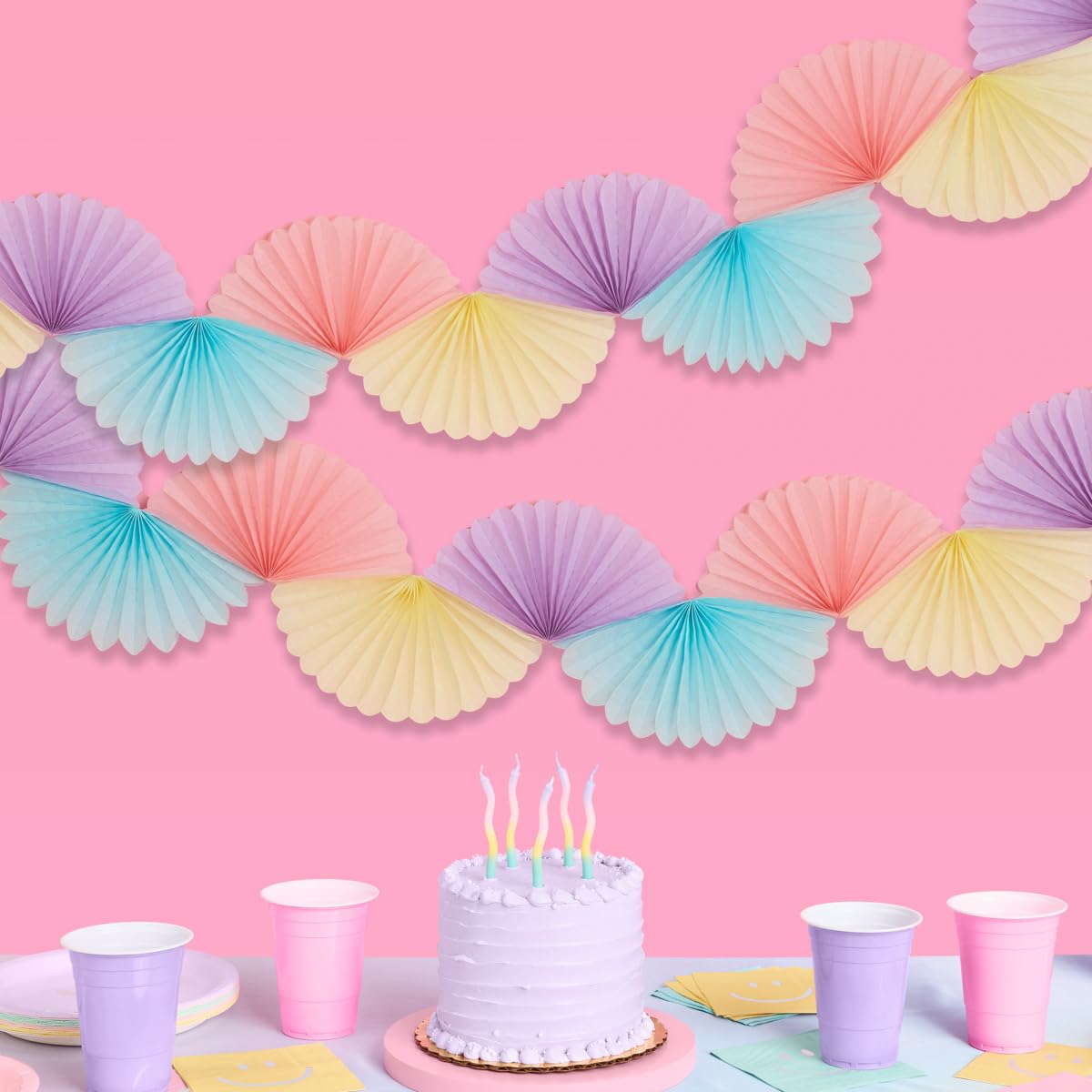 Photo 1 of xo, Fetti Pastel Paper Fan Garland - 6 Ft. | 3D Bachelorette Party Decorations, Birthday Party Supplies, Pink Preppy HBD, Easter Decor