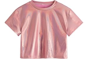 Verdusa Girl's Metallic Crop Tee Top Short Sleeve Round Neck Neon Shirts Party Costume Concert Outfits