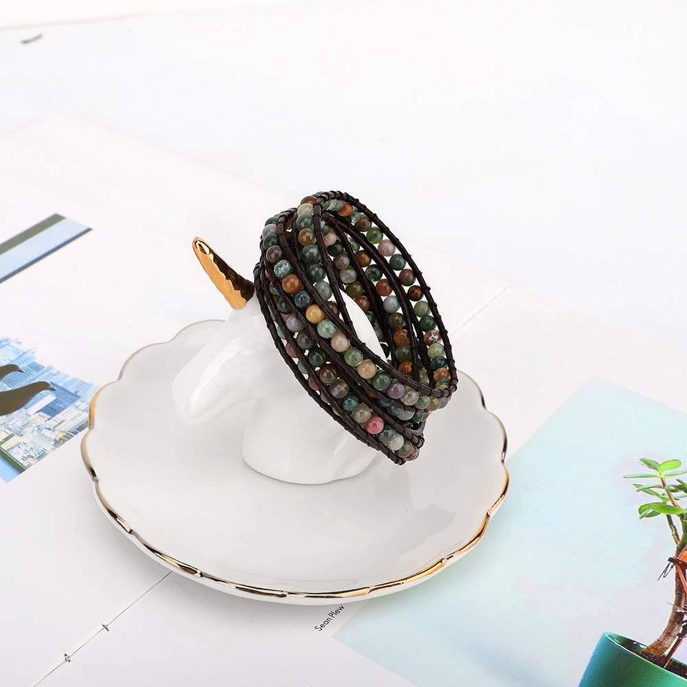 Emibele Leather Bracelet, Agate Bead Wrap Bracelet Handmade Jewelry Wrist Accessory for Women Lady Adult - Green: Jewelry