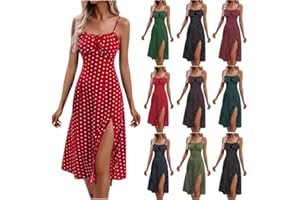 SHOPESSA Spaghetti Strap for Women Sexy Square Neck Pleated Dress with Slit Cute Polka Dot Boho Dress