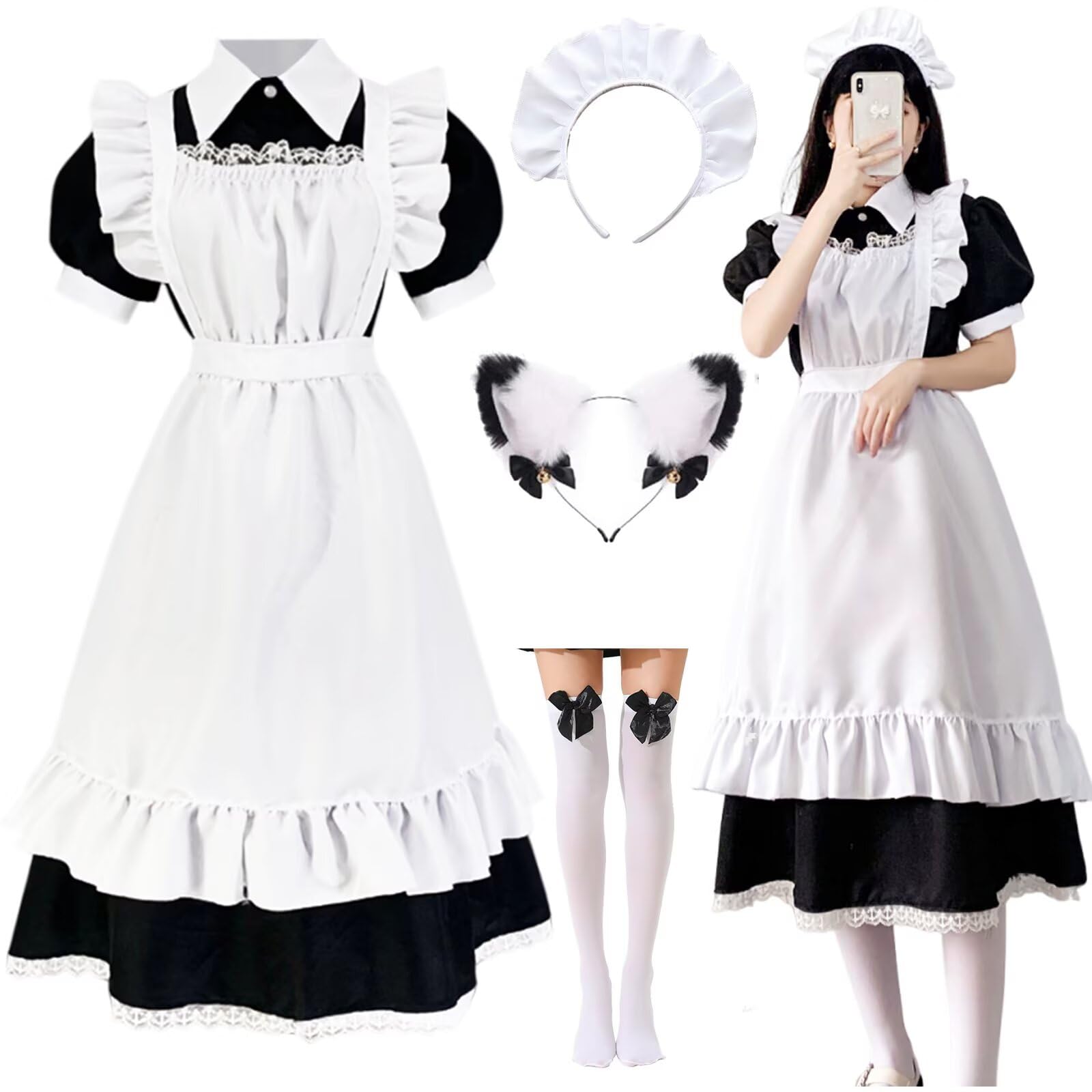 Amtum Maid Dress Costume French Maid Outfits Unisex Girls Anime Apron Fancy Dress Cosplay Costume Furry Cat Ear Socks set Dress Up for Halloween Carnival Masquerade，T002-S