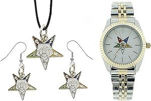 Mason Zone 3 Piece Jewelry Set - Order of The Eastern Star Pendant, Hook Earrings & Order of The Eastern Star Watch. OES Symbol on Silver Gold Duo Tone Steel Band White Face