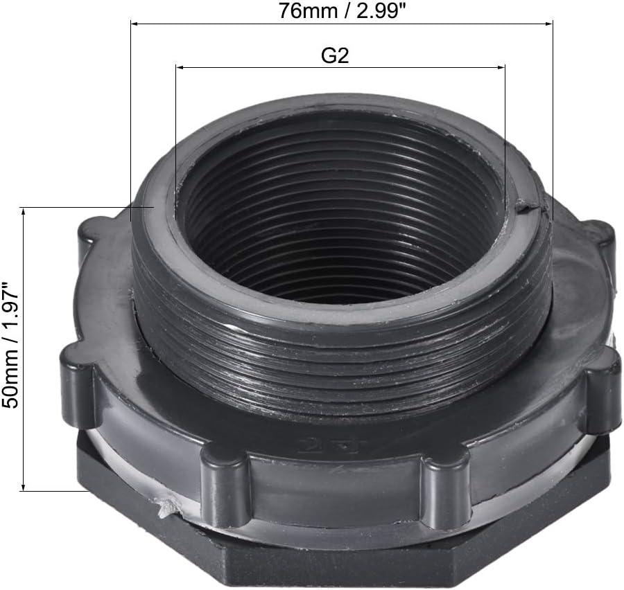 sourcing map Bulkhead Fitting, BSPT2 Female, Tube Adaptor Pipe Fitting with Silicone Gasket, for Water Tanks PVC, Gray - Image 3