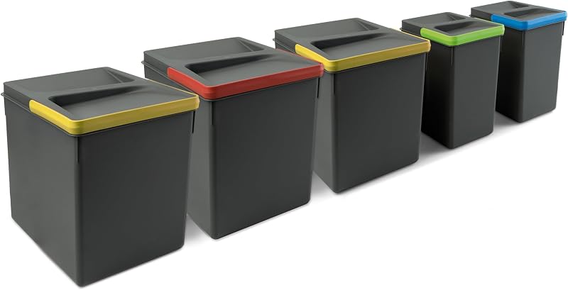 - Poubelles pour tiroir de cuisine avec couvercle anti-odeurs, Compartiments de Recyclage pour Base à Couper,H 266 mm (3 x 15 L + 2 x7 L), Plastique gris anthracite