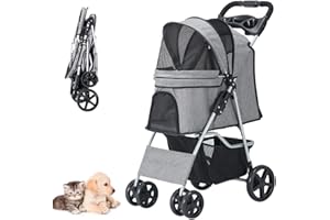 LPOTIUS Pet Stroller, Cat Dog Stroller for Medium Small Dog with Storage Basket Foldable Lightweight Dog Carrier Trolley, 4 Wheel, Gray