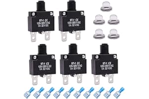 mxuteuk 5Pcs 5Amp Circuit Breakers Push Button Manual Reset 125/250V AC 32V DC,Overload Protector Switch Thermal Circuit Breakers with Quick Connect Terminals and Waterproof Button Caps ST1-5-5A
