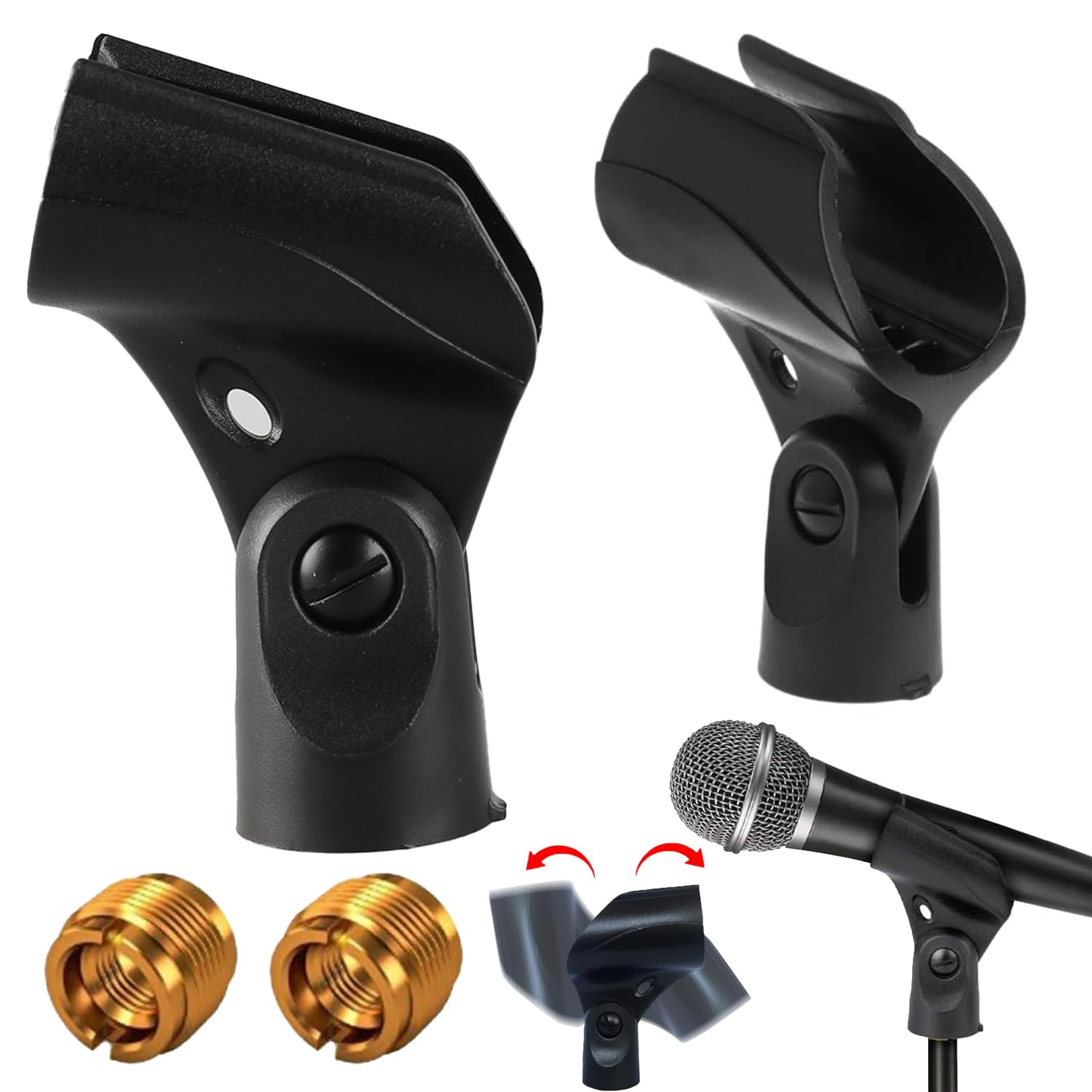 Norhogo 2 Pack mic clips for stands, Universal Microphone Clip Holder, Black Microphone Mic Clip Holder Comes with 5/8" Male to 3/8" Female Screw Adapter Suitable for Larger Handle Microphones