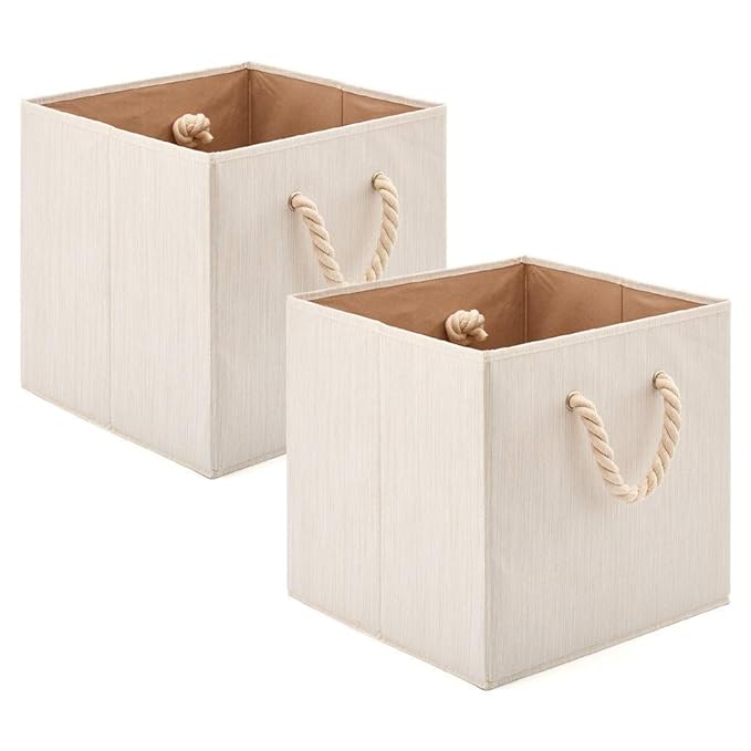 EZOWare 2 Stück Baumwolle Faltbare Aufbewahrungsbox, Aufbewahrungskorb mit starken Griffen 33 x 33 x 33 cm - Beige