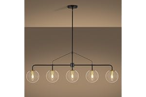 CNRATYE Linear Chandeliers for Dining Room Light Fixtures Over Table Hanging, 5-Light Modern Kitchen Chandelier, Industrial Black and Gold Island Lights with Clear Globe Glass Shades
