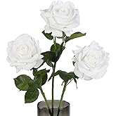 ICBOX 3PCS White Roses Artificial Flowers 4.72" Large Real Touch Fake Rose 25.6" Long Stem White Silk Rose Faux Flower for Wedding Bridal Bouquet Home Party Garden Decor(White)