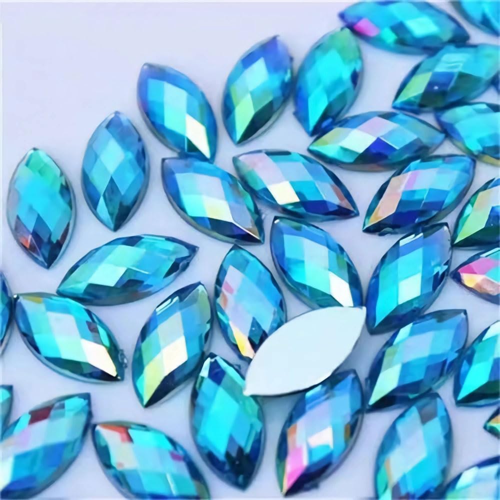Photo 1 of 100 Pcs 15x7mm AB Colorful Jewels Gems Rhinestones for Crafts, Horse Eye Flatback Acrylic Gemstone for Halloween Party Decorations Clothing Wedding Dress DIY Crafting Accessories(06 Sky Blue AB)