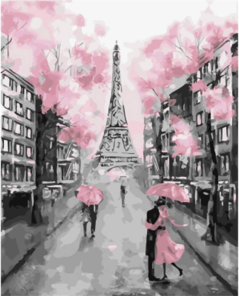 KANGDISON Painting by Number Pink Paris Tower, Drawing DIY Paint by Number Kits for Adults Beginners Kids Teens Drawing with Brushes Canvas Orange Yelllow Brown 16 x 20inch / 40 x 50cm