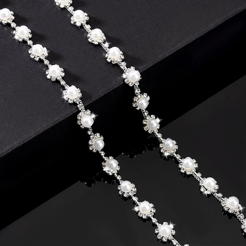 PH PandaHall Rhinestone Pearl Flower Chain Trim, 0.4" Wide Crystal Chain Pearl Trim Applique for Wedding Dress Sewing Crafts Bridal Costume Embellishment DIY Decoration 0.9 Yards