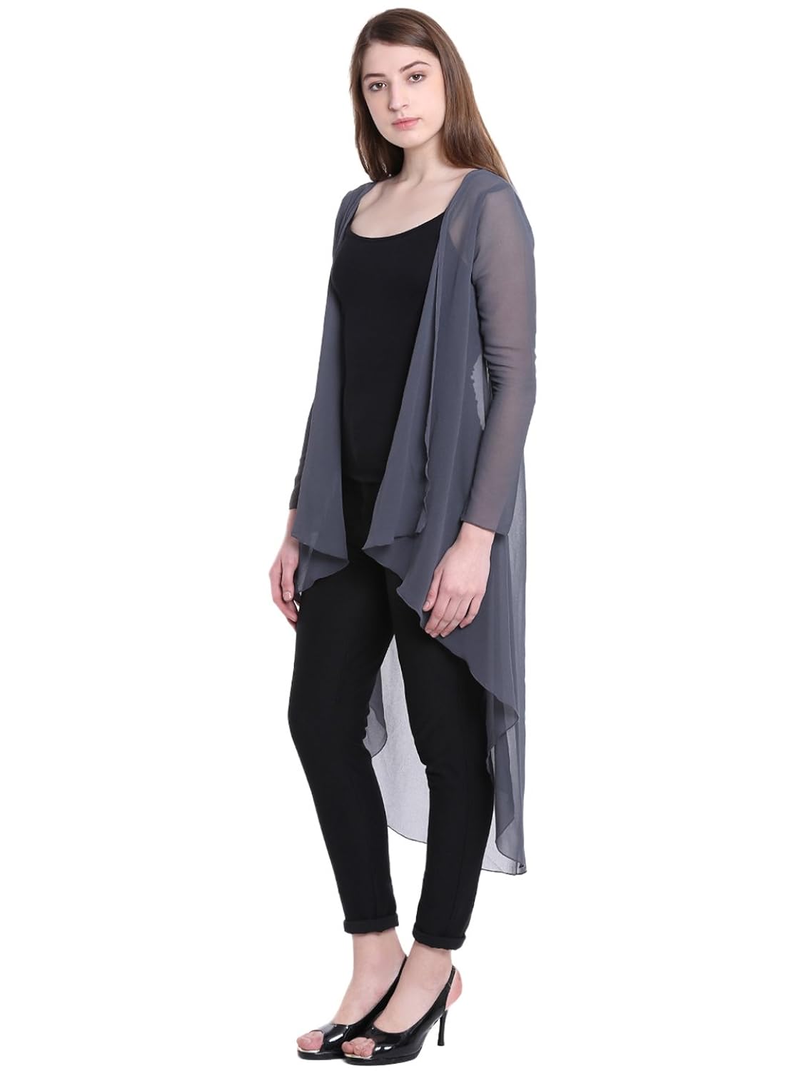 gj couture women's georgette grey solid full sleeves regular shrug