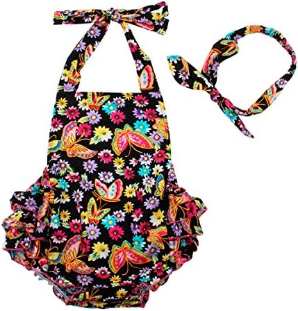 Baby Girls 2pcs Sets Cotton Ruffles Romper Outfits Clothes (S:6Months, Black Butterfly)