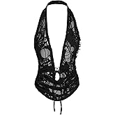 MakeMeChic Women's Y2k Rave Halter Tops Ripped Backless V Neck Tie Back Sexy Top