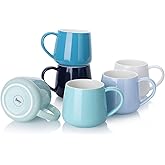 Sweese Porcelain Coffee Mugs Set of 6, 12 Ounce Coffee Cups with Handle for Coffee, Tea, Cocoa, Blue Assorted Colors Coffee Mugs with Modern Design for Great Gift Option, Microwave Safe