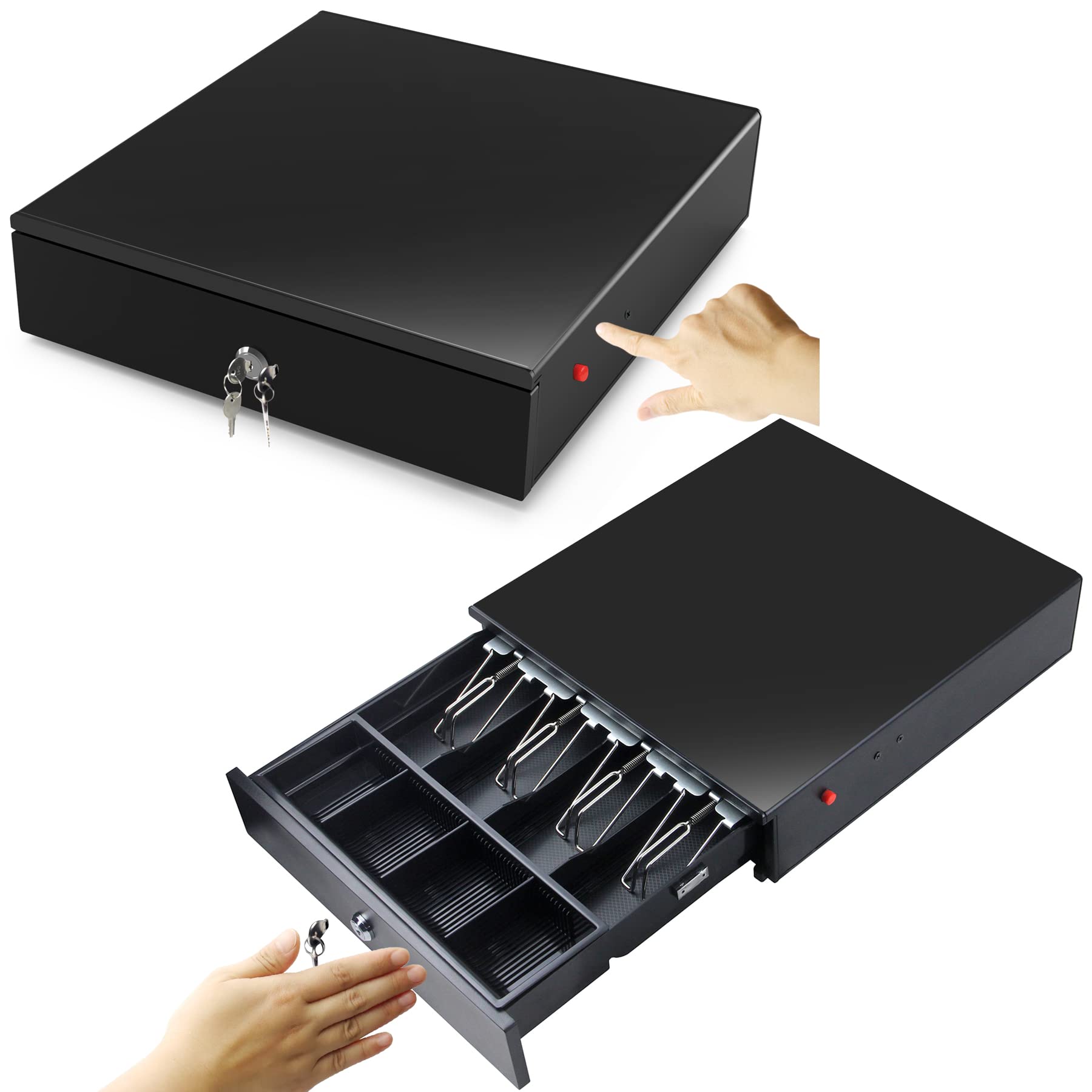 HONEY BEAR Cash Register Drawer Tray 14 Inch, Heavy Duty Gauge Steel, 4 Bills & 4 Coins Tray - Push Open, Manual Push Open