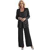 3 Pieces Mother of The Bride Pant Suits Chiffon Sparkly Sequin for Weddings Formal Cocktail Pant Suits with Jacket