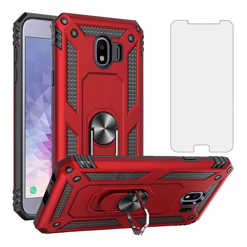 Phone Case for Samsung Galaxy J4 2018 with Tempered Glass Screen Protector Stand Ring Holder Shockproof Silicone Heavy Duty Accessories Magnetic Metal Hard Glaxay J 4 SamsungJ4 J4case Girls Red
