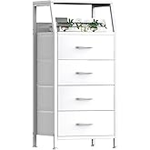 Dresser with 4 Drawers, Fabric Storage Tower for Bedroom, White Clothes Storage Drawers, Vertical Closet Organizer for Kids Room, Entryway, Nightstand Bedside Table, Sturdy Steel Frame & Wooden Top