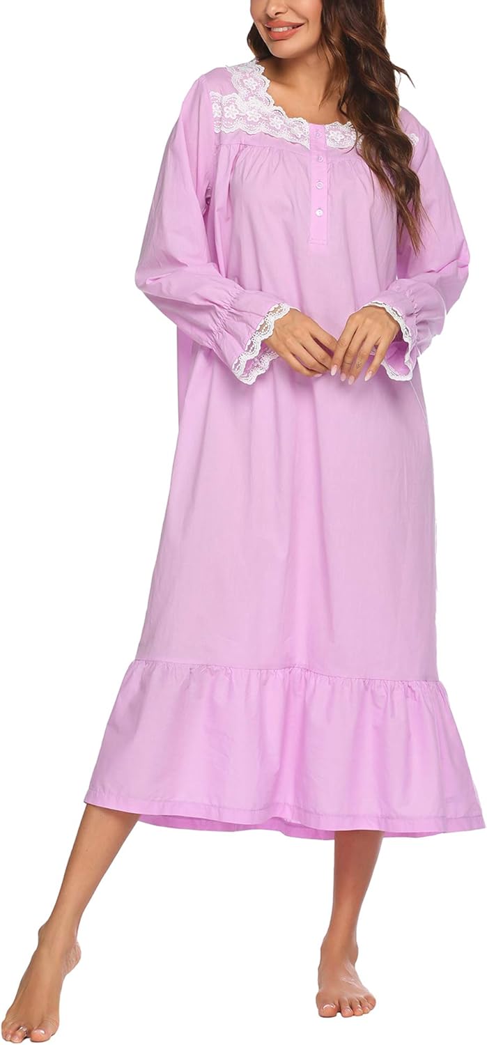 Ekouaer Sleepwear Victorian Nightgown Cotton Sleepshirt Long Sleeve Pajama Dress Vintage Loungewear for Women at  Women’s Clothing store