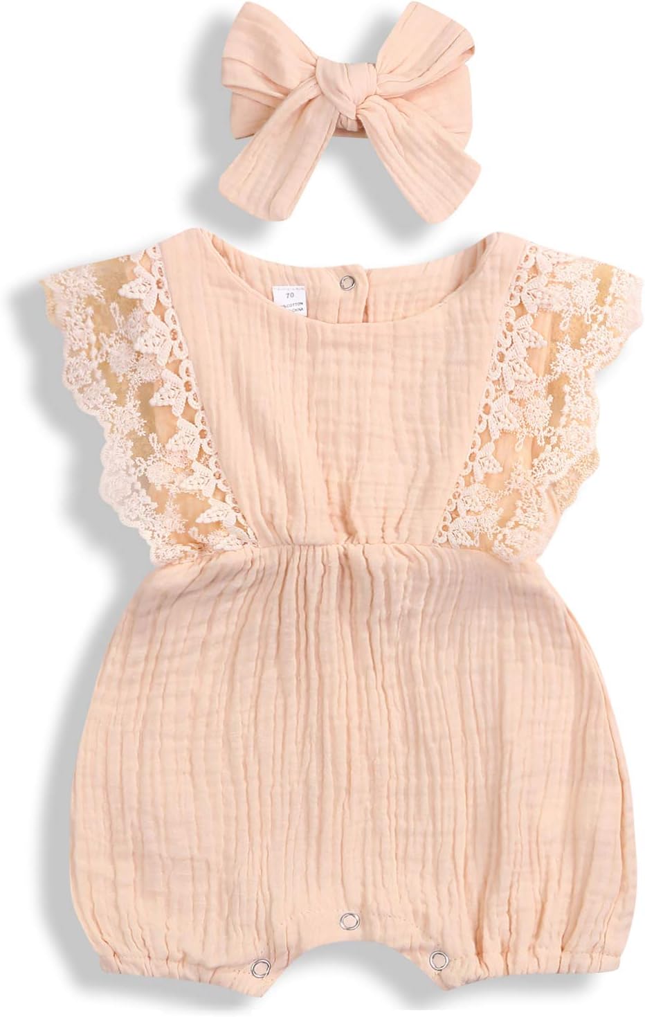 KCSLLCA Baby Girls Lace Romper Set Ruffle Sleeve Solid Color Onesie with Headband
