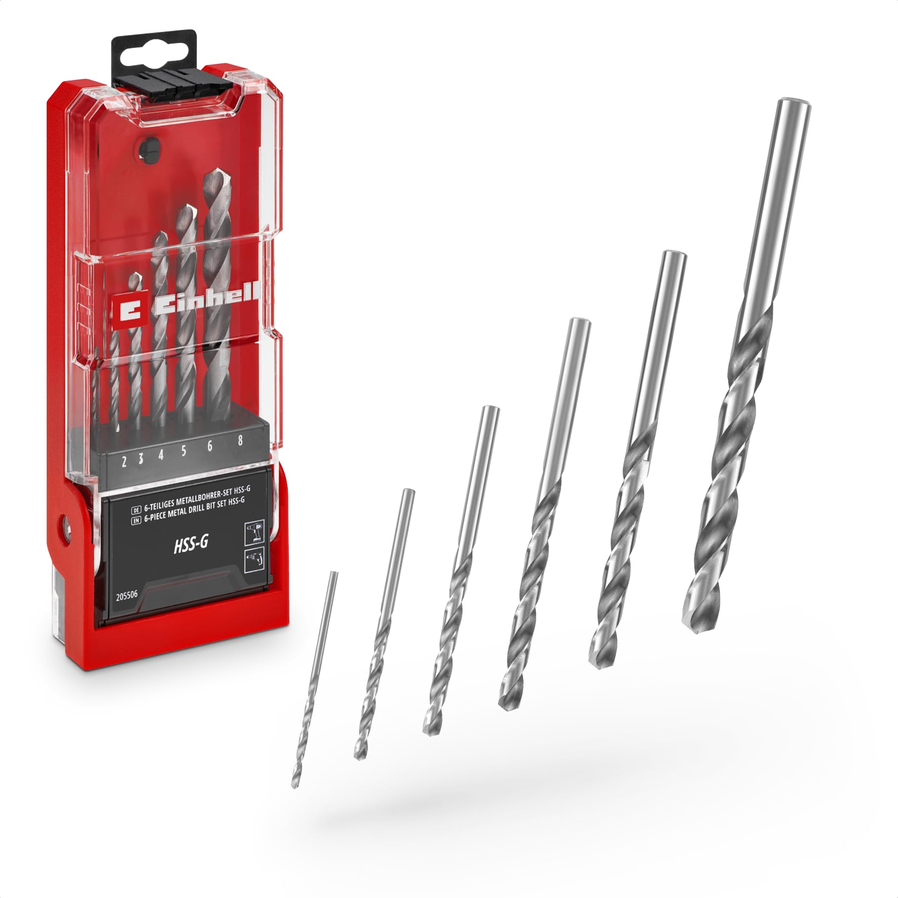 Original Einhell 6-Piece HSS-G Metal Drill Bit Set (HSS 4241 Steel, Highly Polished, 135° Split-Point Tip, Milled Type N Spiral, Round Shank Incl. Storage Box)
