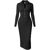 OQQ Women's Long Sleeve Maxi Dress Ribbed Back Slit Button Down Bodycon Soft Going Out Elegant Party Dresses