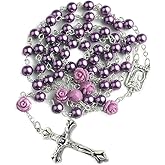 Nazareth Store Catholic Purple Pearl Beads Rosary Necklace Our Rose Lourdes Medal & Cross NS